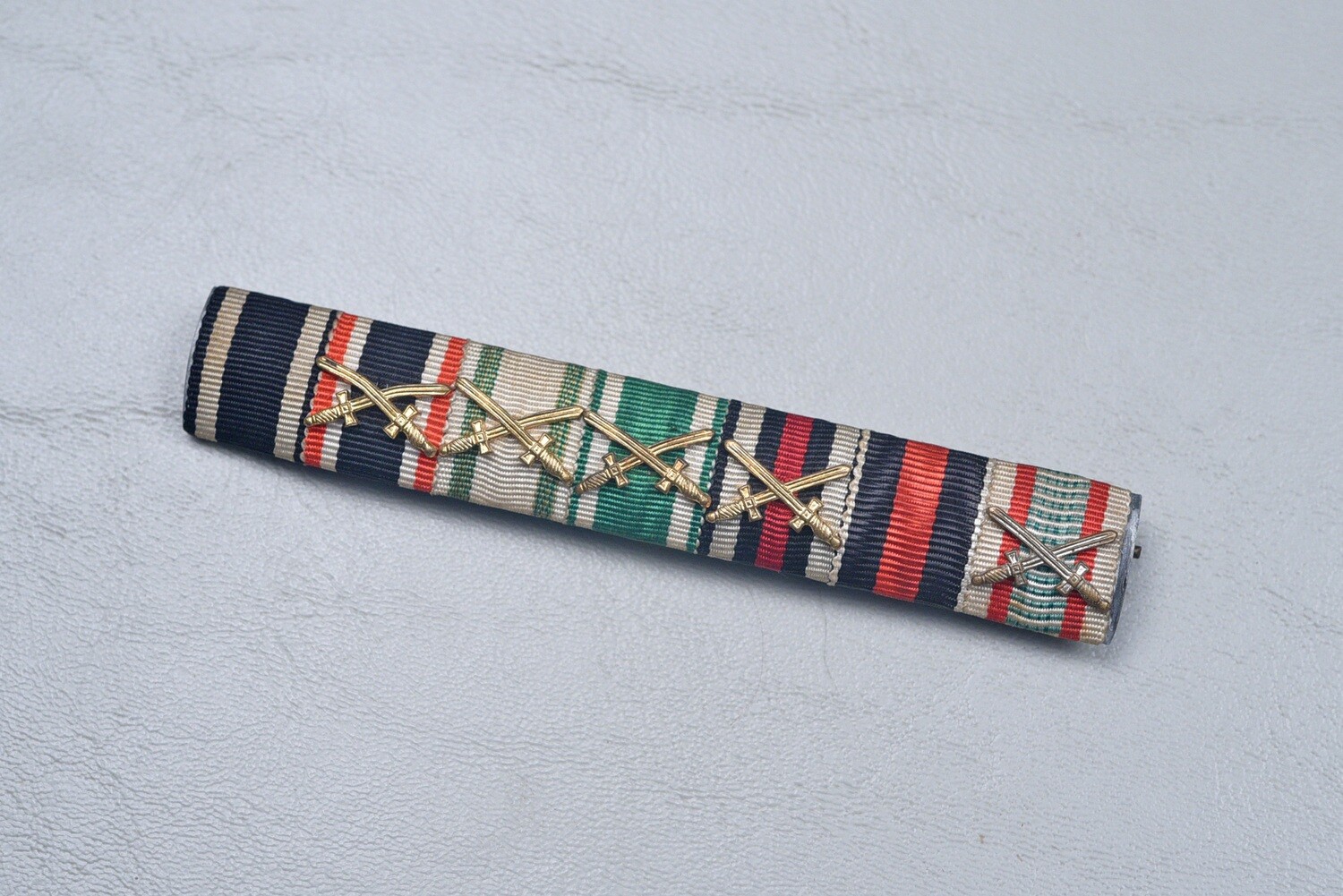 WWI IMPERIAL GERMAN 1914 IRON CROSS 7-PLACE RIBBON BAR w/5 DEVICES &amp; LABEL