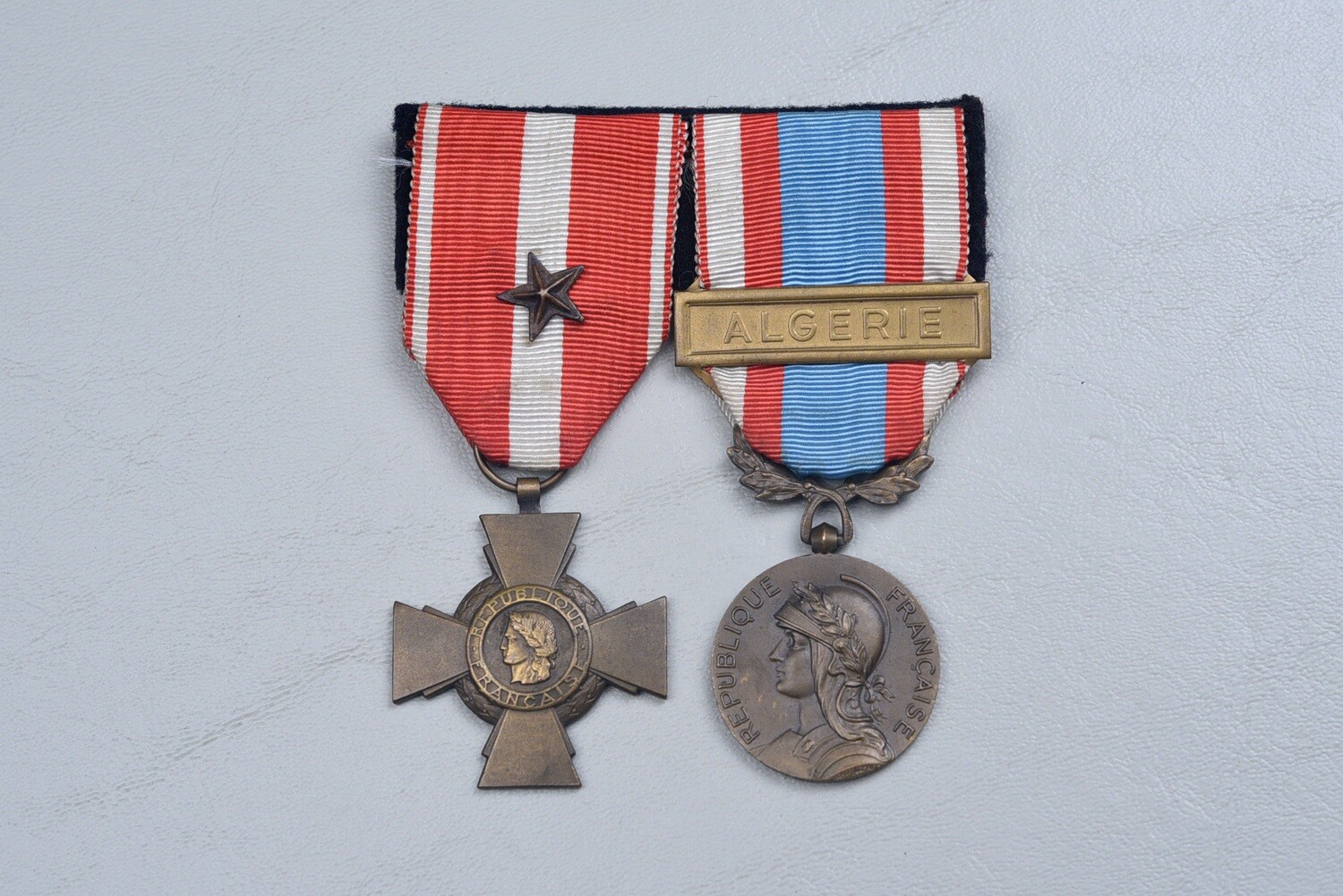 FRENCH CROSS OF VALOR &amp; ALGERIAN SERVICE MEDAL PAIR – MOUNTED AS WORN