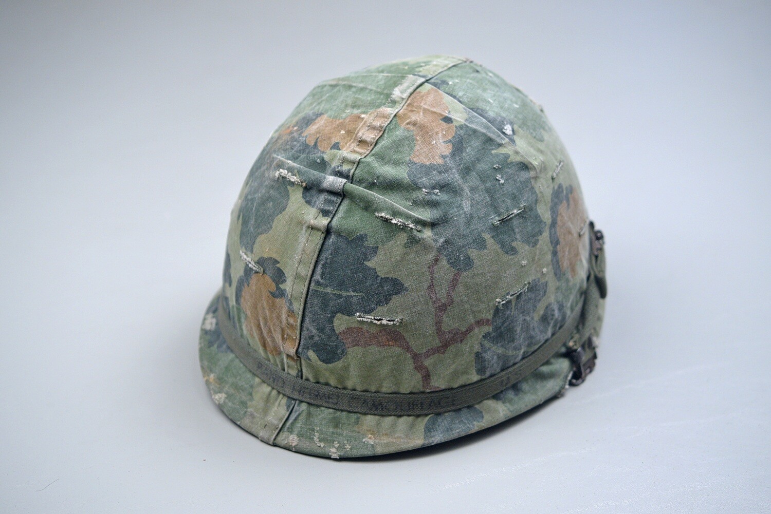 VIETNAM WAR U.S. M1 STEEL HELMET w/MITCHELL CAMOUFLAGE COVER &amp; BAND - 1969 DATED