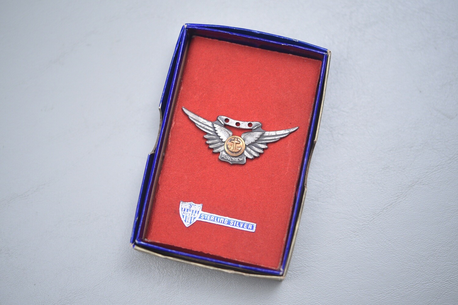 WWII U.S. NAVY AIR CREW BADGE BY MEYER IN ORIGINAL BOX - STERLING, PINBACK