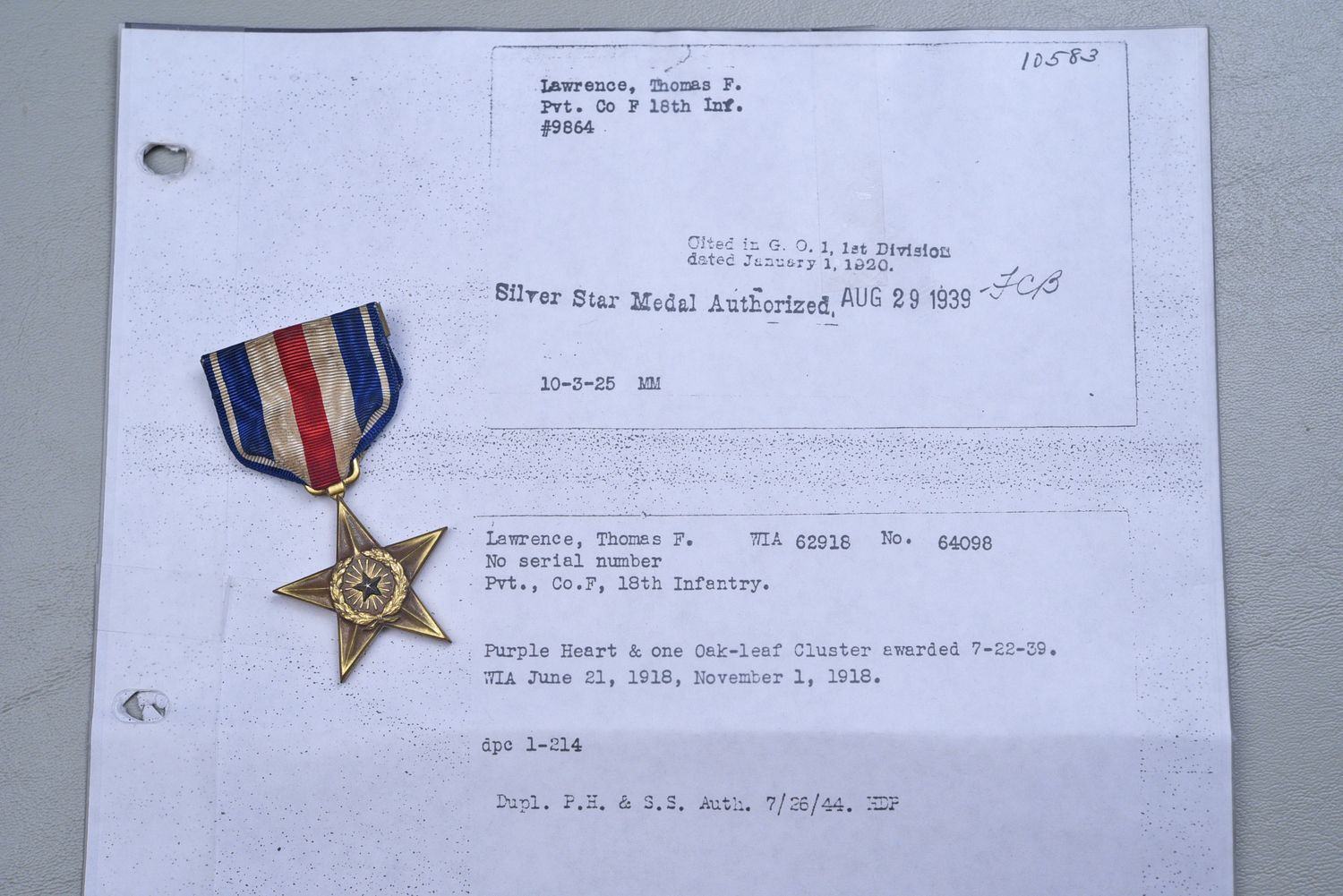 WWI U.S. SILVER STAR MEDAL - NAMED TO 1st DIV., 18th REGIMENT