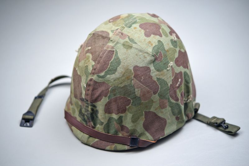 KOREAN WAR U.S. MARINE CORPS HELMET w/LINER & CAMOUFLAGED COVER - NAMED KOREAN WAR U.S. MARINE CORPS HELMET w/LINER & CAMOUFLAGED COVER - NAMED