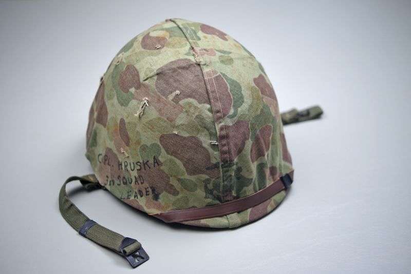 KOREAN WAR U.S. MARINE CORPS HELMET w/LINER & CAMOUFLAGED COVER - NAMED