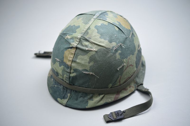VIETNAM WAR M1 HELMET w/MITCHELL CAMOUFLAGED COVER - DATED 1962 VIETNAM WAR M1 HELMET w/MITCHELL CAMOUFLAGED COVER - DATED 1962