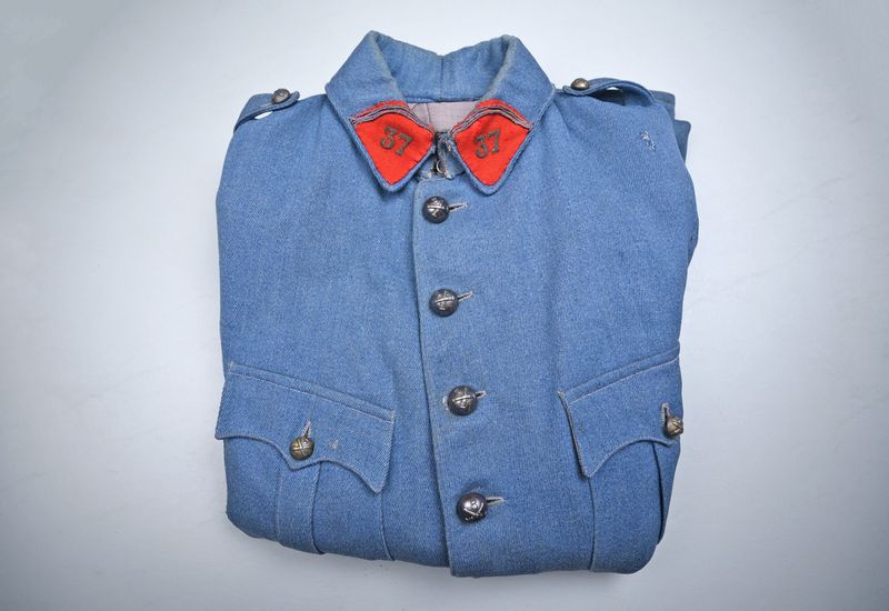 WWI FRENCH ARTILLERY UNIFORM JACKET, TROUSERS, PUTTIES, BOOTS, &amp; HELMET GROUP