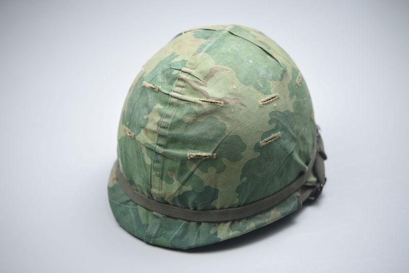 VIETNAM WAR U.S. M1C PARATROOPER HELMET w/MITCHELL PATTERN COVER -DATED VIETNAM WAR U.S. M1C PARATROOPER HELMET w/MITCHELL PATTERN COVER -DATED