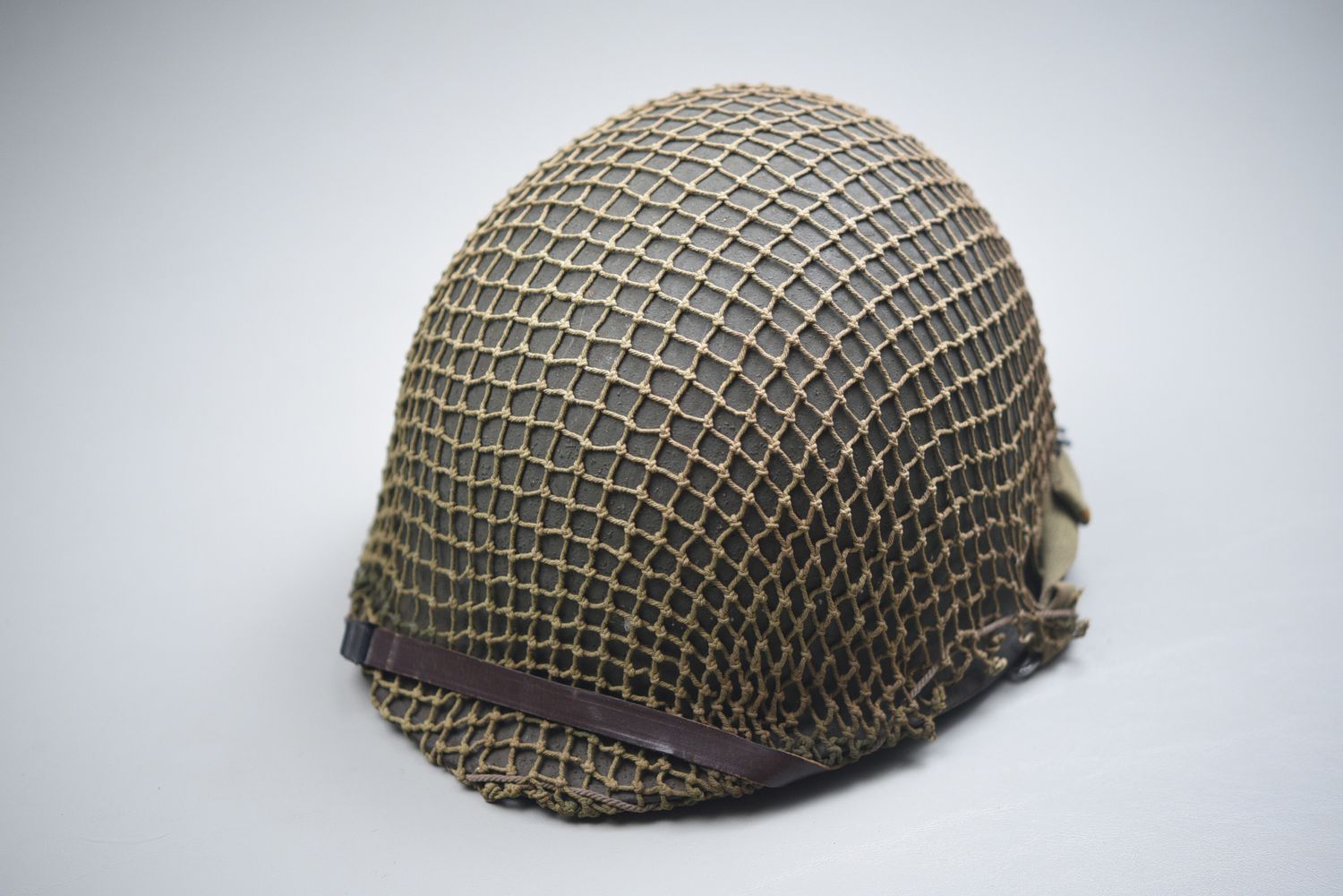 WWII U.S. M1 HELMET w/FRONT SEAM, SWIVEL BALES &amp; INVASION NET
