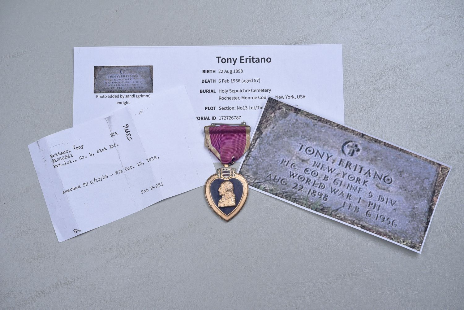 WWI U.S. PURPLE HEART MEDAL NAMED TO 61st INFANTRY REGIMENT RECIPIENT