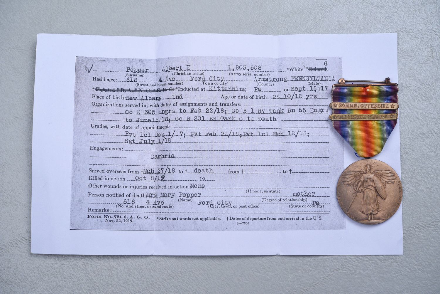 WWI U.S. VICTORY MEDAL w/2 BARS ATTRIBUTED TO KIA TANK CREWMAN