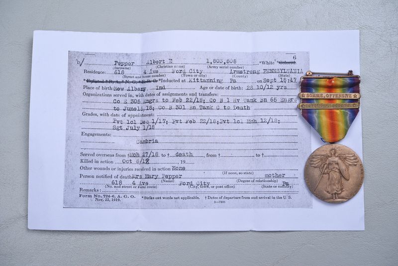 WWI U.S. VICTORY MEDAL w/2 BARS ATTRIBUTED TO KIA TANK CREWMAN