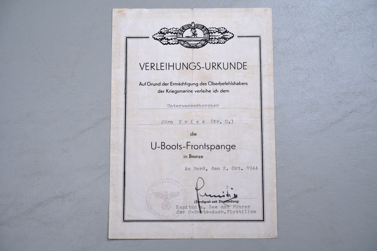 WWII GERMAN KRIEGSMARINE FORMAL U-BOAT FRONT SPANGE AWARD DOCUMENT