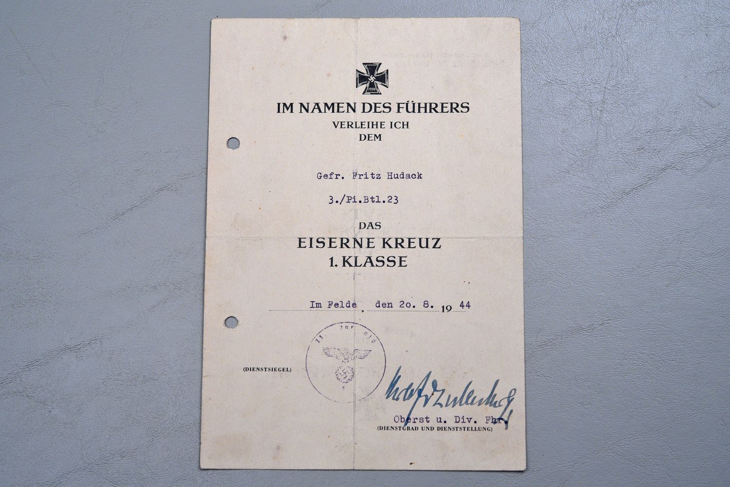 WWII GERMAN 1939 IRON CROSS AWARD CERTIFICATE – 23rd INFANTRY DIVISION