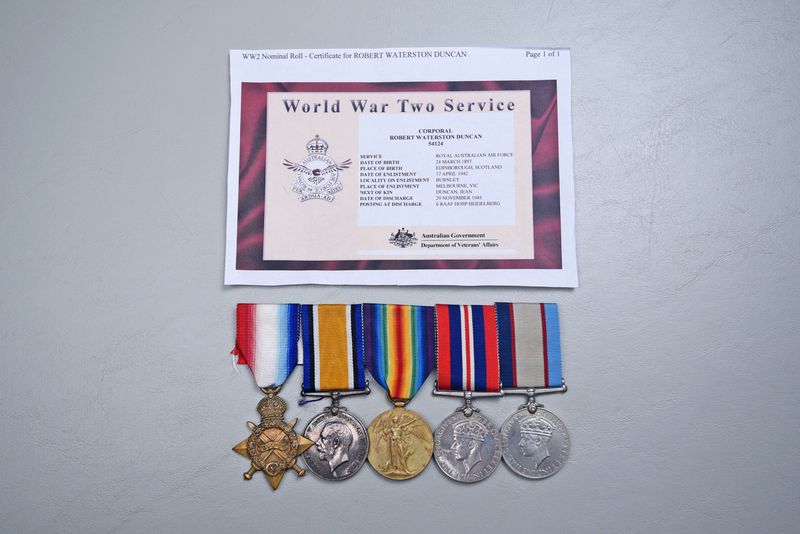 WWI BRITISH 1914-15 STAR 5-PLACE MEDAL GROUP TO BRITISH R.E./AUSTRALIAN RW WWI BRITISH 1914-15 STAR 5-PLACE MEDAL GROUP TO BRITISH R.E./AUSTRALIAN RW