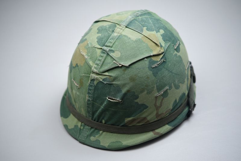 VIETNAM WAR M1 HELMET w/MITCHELL CAMOUFLAGED COVER - DATED &#39; 65&#39;