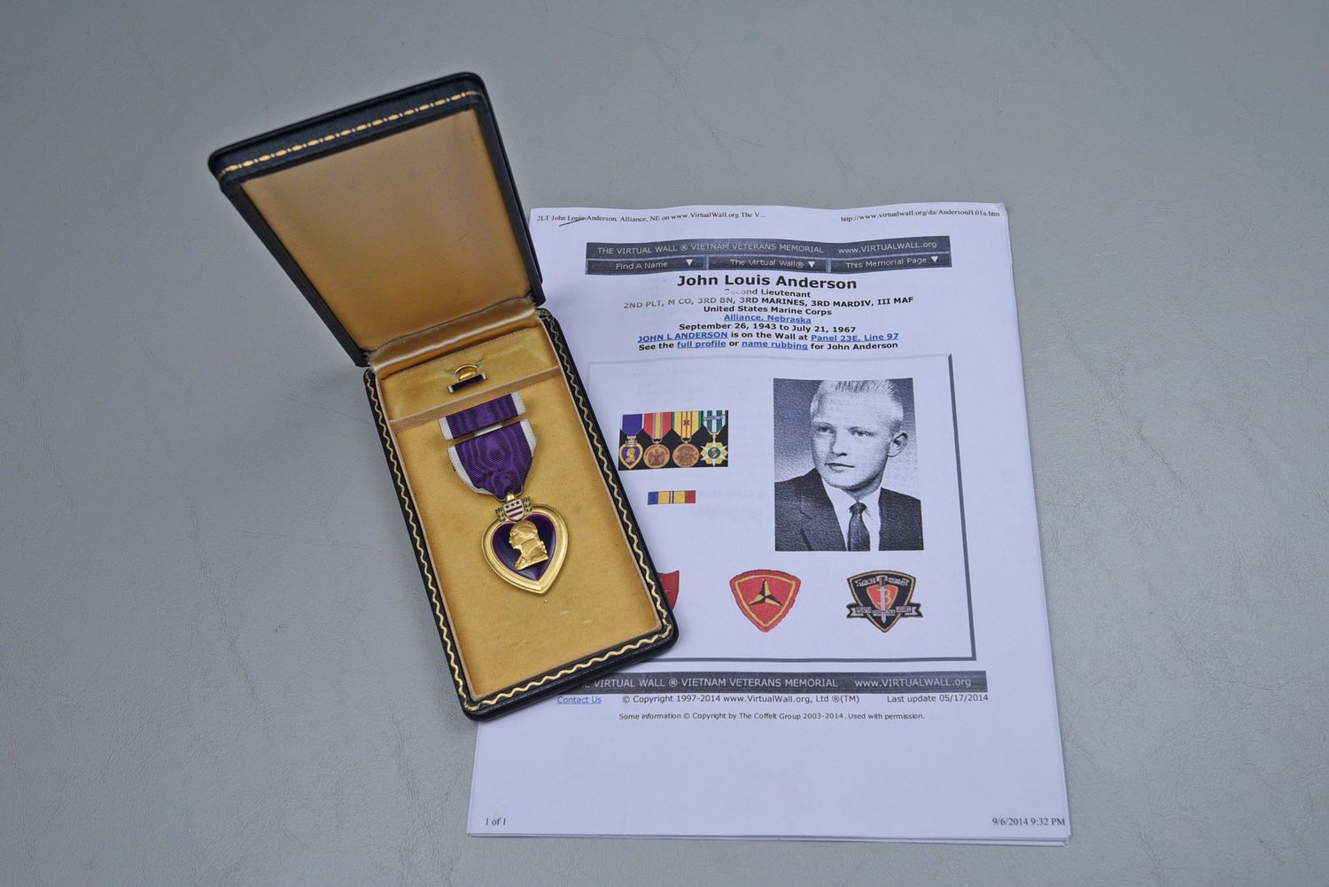 VIETNAM WAR PURPLE HEART MEDAL TO 2nd LT. JOHN ANDERSON, USMC - KIA