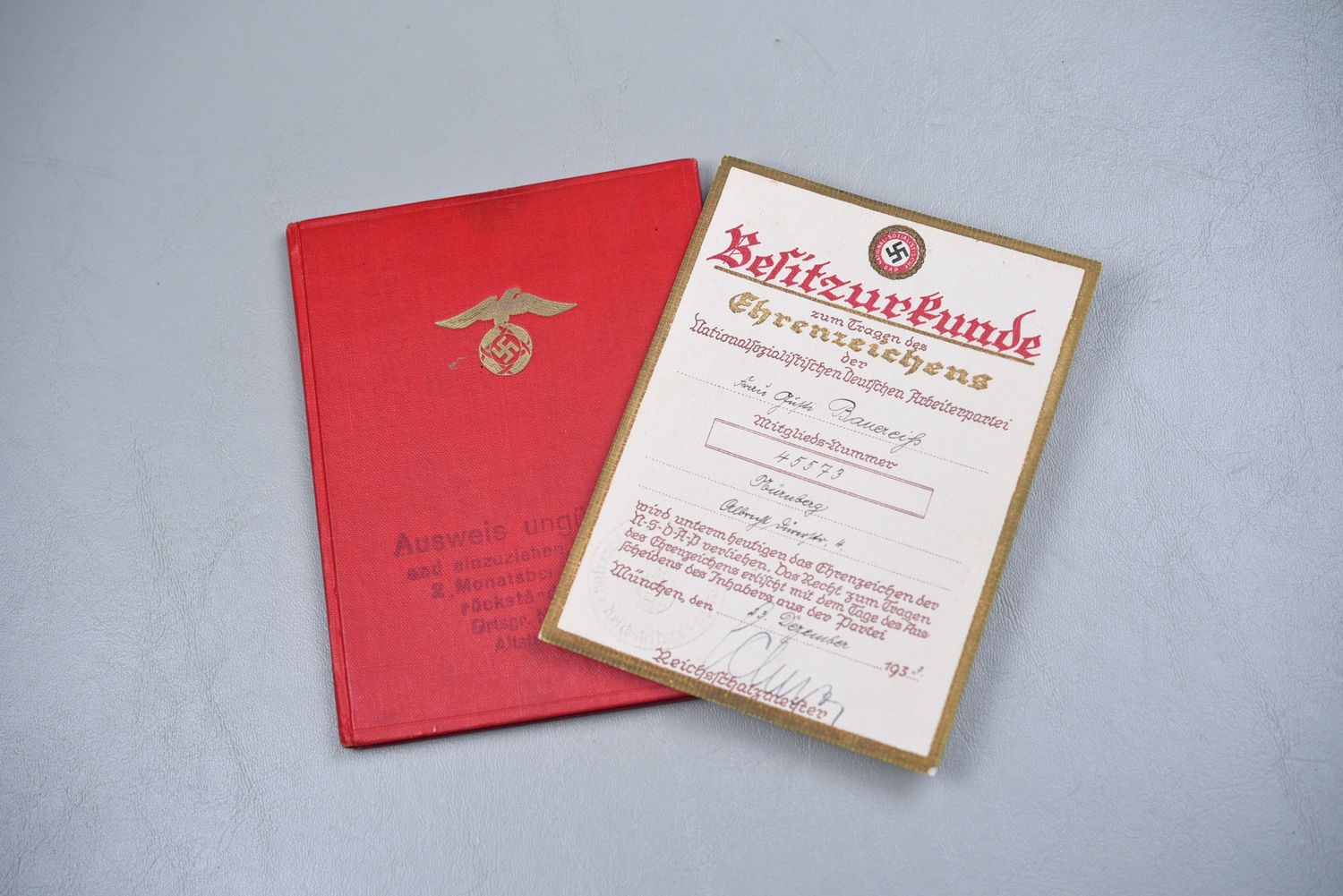WWII GERMAN NSDAP GOLDEN PARTY BADGE AWARD DOCUMENT &amp; PARTY MEMBERSHIP BOOK