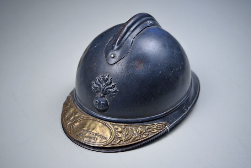 WWI FRENCH MODEL 1915 ADRIAN INFANTRY w/VETERAN'S BRASS VISOR PLATE - COMPLETE WWI FRENCH MODEL 1915 ADRIAN INFANTRY w/VETERAN'S BRASS VISOR PLATE - COMPLETE