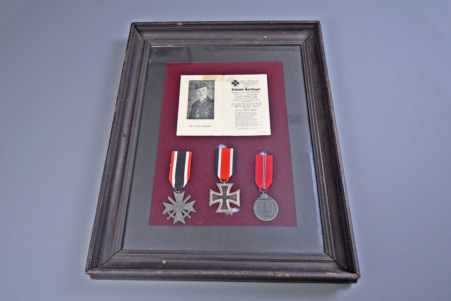 WWII GERMAN 1939 IRON CROSS 2nd CLASS/RUSSIAN FRONT FRAMED MEDAL GROUP w/DEATH CARD WWII GERMAN 1939 IRON CROSS 2nd CLASS/RUSSIAN FRONT FRAMED MEDAL GROUP w/DEATH CARD
