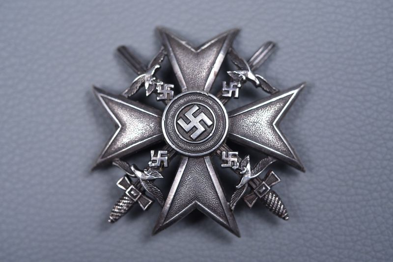 WWII GERMAN SPANISH CROSS w/SWORDS IN SILVER BY C.E. JUNCKER