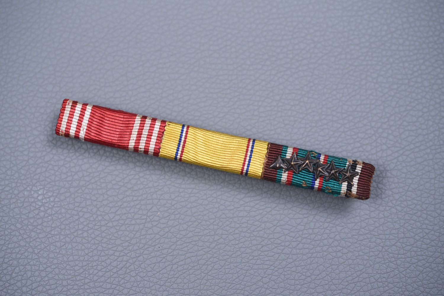 WWII U.S. ARMY BRITISH MADE 3-PLACE RIBBON BAR w/ETO, ARROWHEAD & 5 STARS WWII U.S. ARMY BRITISH MADE 3-PLACE RIBBON BAR w/ETO, ARROWHEAD & 5 STARS