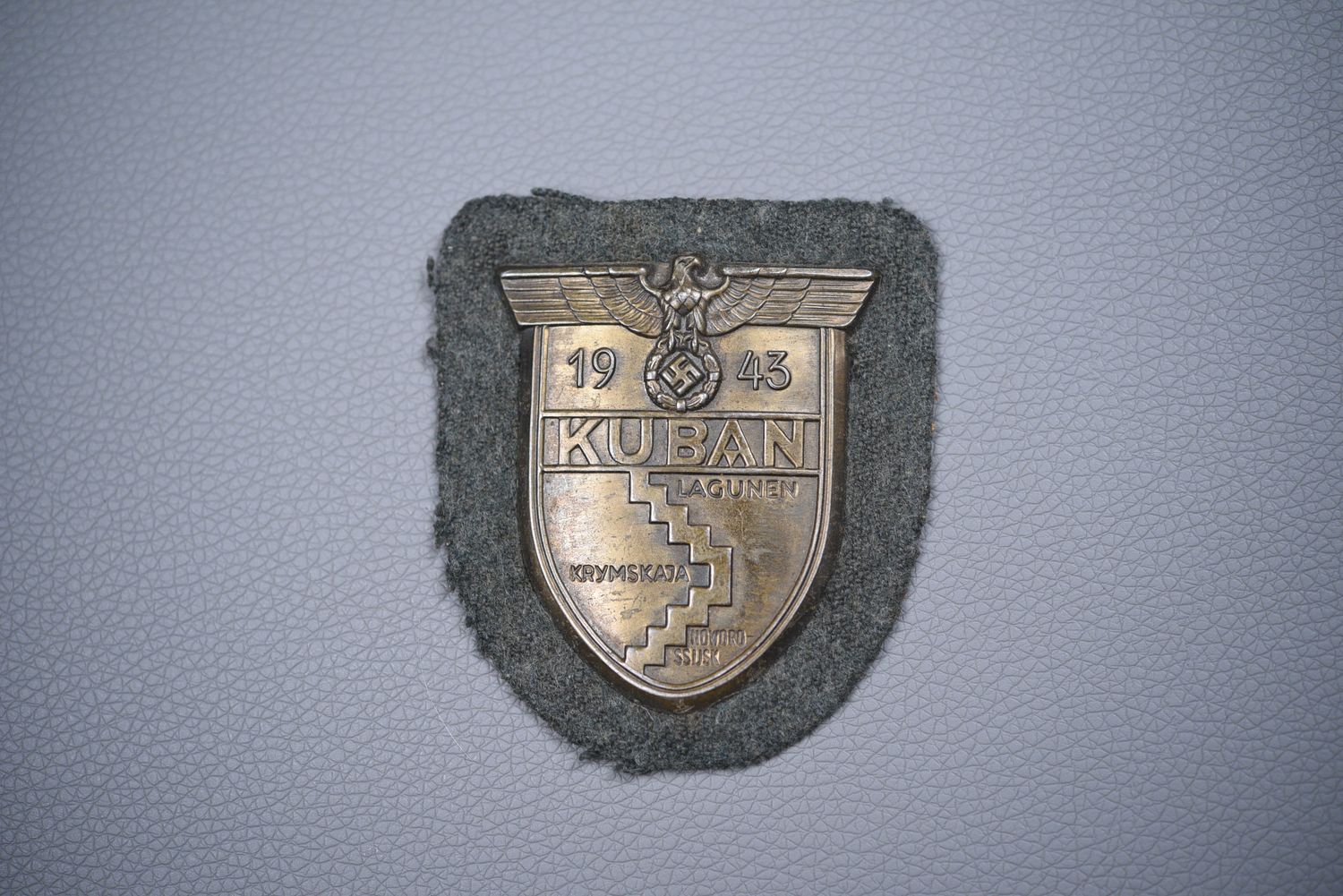 WWII ARMY KUBAN SHIELD ON FELDGRAU CLOTH BACKING