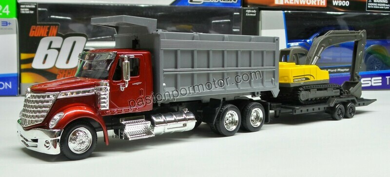 1:43 International Lonestar 2008 Torton c Gondola Volteo Rojo + Remolque y Excavadora NEW RAY Long Haul Trucker 00537