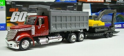 1:43 International Lonestar 2008 Torton c Gondola Volteo Rojo + Remolque y Excavadora NEW RAY Long Haul Trucker 00537
