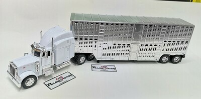 1:32 Peterbilt Model 379 1987 con Trailer Jaula Ganadera Blanco y Cromado NEW RAY Long Haul Trucker 01505