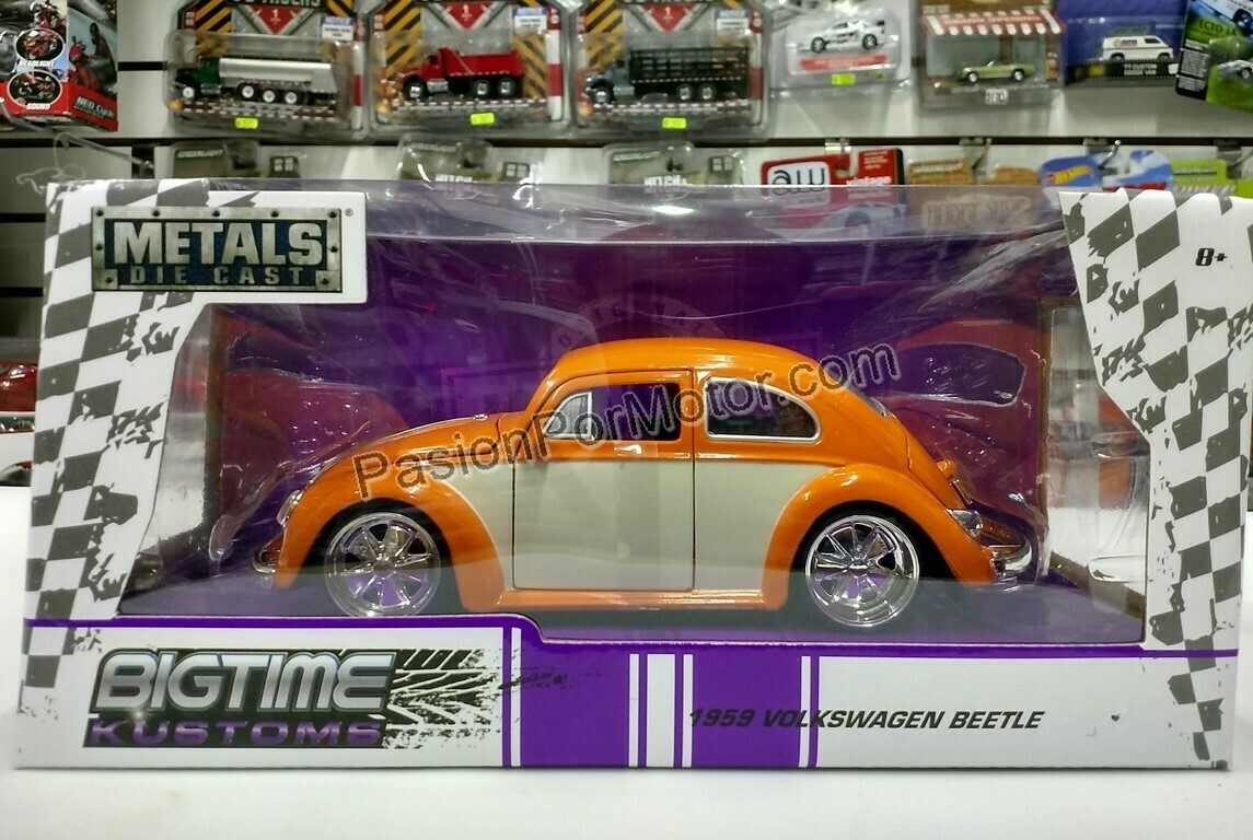Jada Toys 1:24 Volkswagen Beetle Sedan Rines Fuchs 1959 Naranja y Beige Big Time Kustoms Con Caja