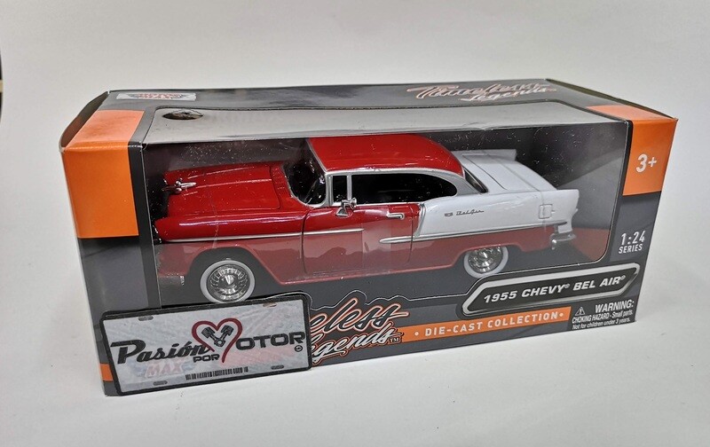 Motor Max 1:24 Chevrolet Bel Air Coupe 1955 Rojo y Blanco Timeless Legends Con Caja