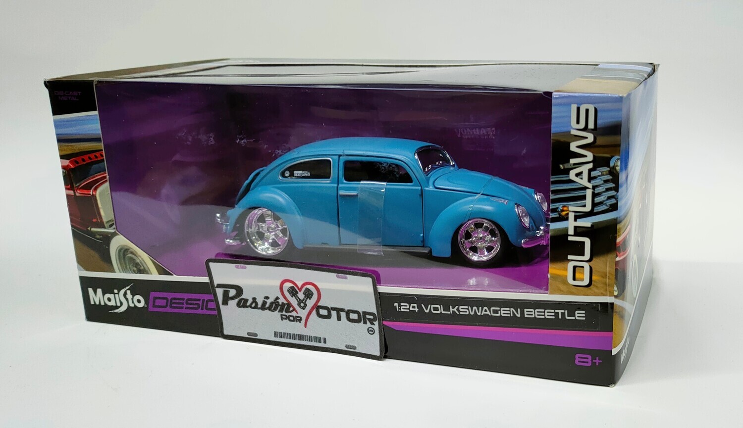 Maisto 1:24 Volkswagen Beetle Oval Window Chop Top 1955 Azul Mate Design Outlaws Con Caja