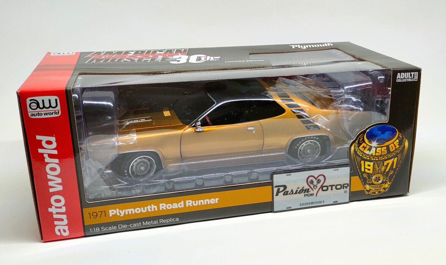 1:18 Plymouth Road Runner Coupe 1971 Cobre Auto World American Muscle 30th Con Caja