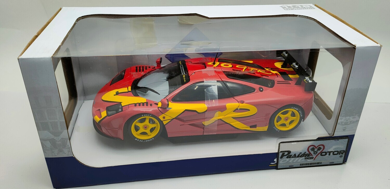 1:18 Mc Laren F1 GTR Coupe Chasis 10R 1996 Rojo y gráficos amarillo Solido Con Caja