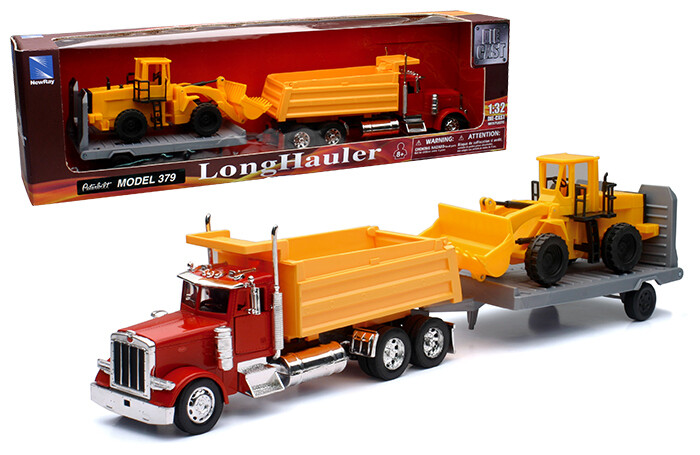 1:32 Peterbilt Model 379 1987 Torton Gondola de Volteo C Remolque y Excavadora New Ray