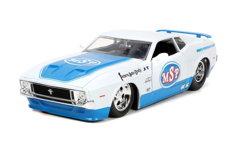 1:24 Ford Mustang Mach 1 Coupe Fastback 1973 MSP Blanco c Graficos JADA TOYS Big Time Muscle Shelby