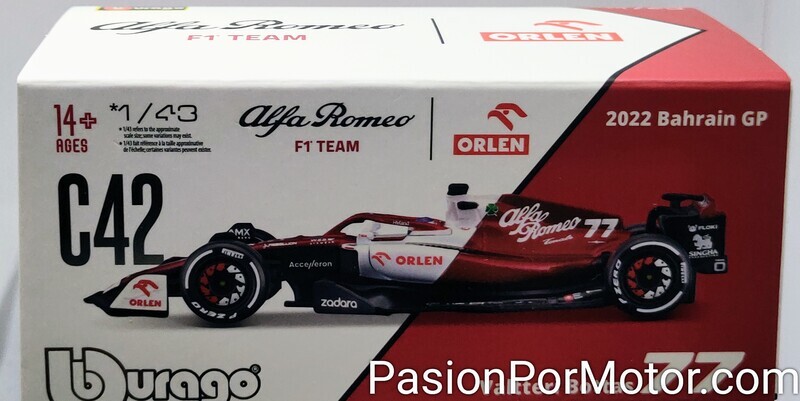 1:43 Alfa Romeo F1 Team Orlen C42 #77 Valtteri Bottas Bahrain GP Formula 1 2022 BBURAGO F1 C Capello + Casco