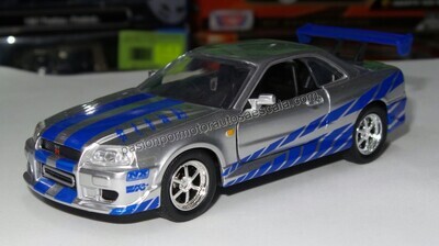 5 Pulgadas / 1:36 Nissan Skyline GT-R ( BN R34 ) 2002 Plata y Azul Brian´s JADA TOYS Rapido y Furioso 2 1:32 01712