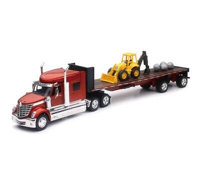 1:32 International Lonestar 2008 Rojo C Trailer Caja Plana + Retroexcavadora NEW RAY 03508