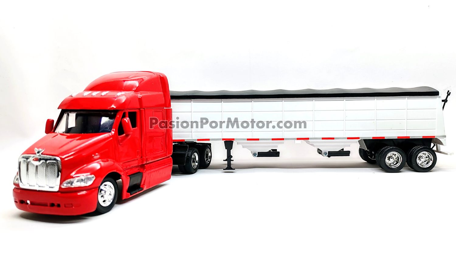 1:43 Peterbilt Model 387 1999 Rojo Con Trailer Caja Granos / Semillas NEW RAY Long Haul Trucker