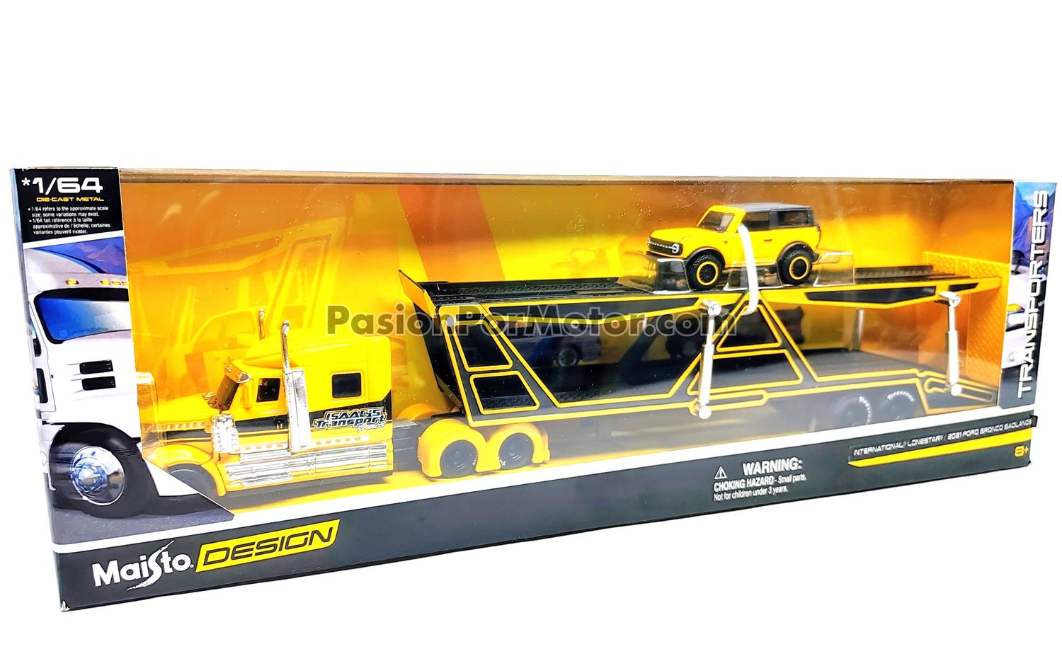 1:64 International Lonestar Trailer Nodriza 2008 Amarillo Con Graficos + Ford Bronco Badlands 2021 MAISTO Custom Haulers 04111 1:64 International Lonestar Trailer Nodriza 2008 Amarillo Con Graficos + Ford Bronco Badlands 2021 MAISTO Custom Haulers 04111