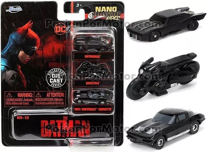 Set de 3 Piezas NANO The Batman 2022 Batimovil + Corvette 1963 + Batimoto JADA TOYS Hollywood Rides 00699
