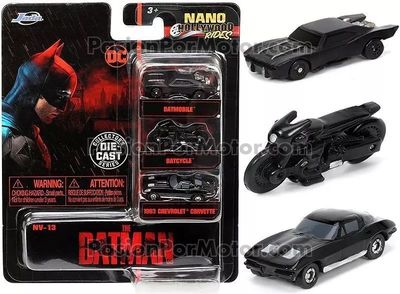 Set de 3 Piezas NANO The Batman 2022 Batimovil + Corvette 1963 + Batimoto JADA TOYS Hollywood Rides