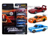 Set 3 Piezas Nano Rápido y Furioso Toyota Supra  + Ford Escort ( Brian´s ) + Dodge Charger Daytona  ( Dom´s Toretto )  JADA TOYS Hollywood Rides