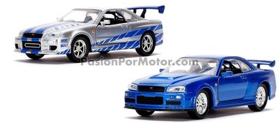 5 Pulgadas / 1:36 Nissan Skyline R34 2002 Plata F&amp;F2 + Nissan Skyline R34 2002 Azul F&amp;F4 Brian´s Set Duo Rapido y Furioso JADA TOYS Twin Pack 1:32 03095