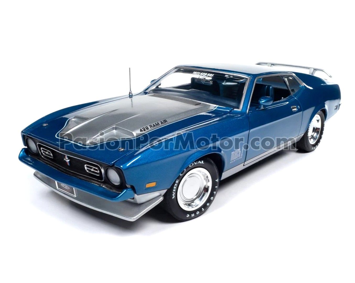 1:18 Ford Mustang Mach 1 Coupe Fastback 1971 Azul Metalico y Plata AUTO WORLD American Muscle 04610