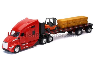 1:32 Kenworth T680 Nex Gen 2023 Rojo Con Trailer Plataforma + Carga y Montacargas NEW RAY Long Haul 04690