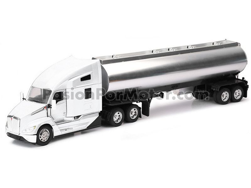 1:32 Kenworth T680 Nex Gen 2023 Blanco Con Trailer Pipa de Combustible Cromada NEW RAY Long Haul 04689