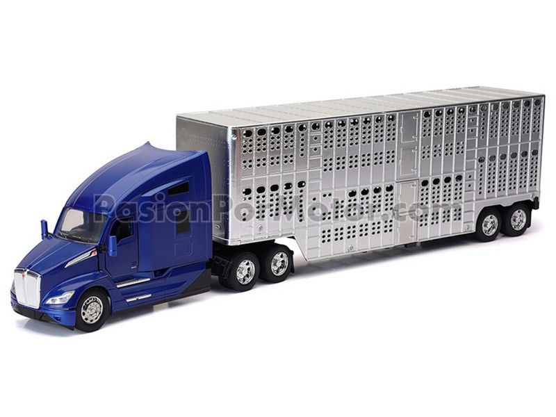 1:32 Kenworth T680 Nex Gen 2023 Azul Con Trailer Caja Ganadera Cromada NEW RAY Long Haul 04688