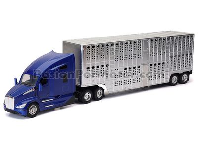 1:32 Kenworth T680 Nex Gen 2023 Azul Con Trailer Caja Ganadera Cromada NEW RAY Long Haul 04688