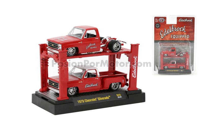 1:64 Set 2 Chevrolet Silverado 1979 Pick Up Edelbrook Chasis &amp; Stepside + Elevador Metalico M2 Auto Lift Serie 25 04759